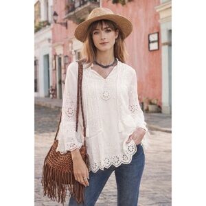 Sundance Lisette Lace Eyelet Tassel Trim Boho Ruffle Trim White Tunic Blouse S